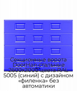 Секционные ворота DoorHan стальные 2600х2000 цвета RAL 5005 (синий) с дизайном «филенка» без автоматики preview 1