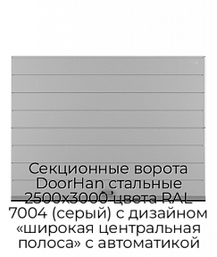 Секционные ворота DoorHan стальные 2500х3000 цвета RAL 7004 (серый) с дизайном «широкая центральная полоса» с автоматикой