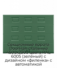 Секционные ворота DoorHan стальные 4500х2300 цвета RAL 6005 (зелёный) с дизайном «филенка» с автоматикой