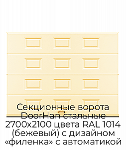 Секционные ворота DoorHan стальные 2700х2100 цвета RAL 1014 (бежевый) с дизайном «филенка» с автоматикой preview 1