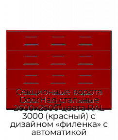 Секционные ворота DoorHan стальные 2600х2500 цвета RAL 3000 (красный) с дизайном «филенка» с автоматикой