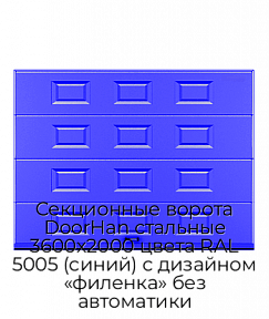 Секционные ворота DoorHan стальные 3600х2000 цвета RAL 5005 (синий) с дизайном «филенка» без автоматики