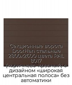 Секционные ворота DoorHan стальные 2800х2600 цвета RAL 8017 (коричнево-красный) с дизайном «широкая центральная полоса» без автоматики preview 1